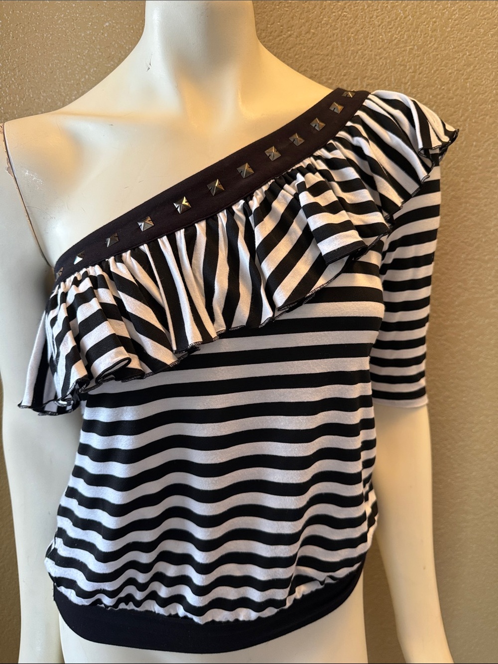 Striped One-Shoulder Ruffle Top in Black & White